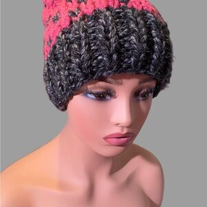 Handmade Pink and Black Knit Hat Beanie